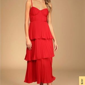 Lulu’s Cascading Crush Red Tiered Bustier Midi Dress